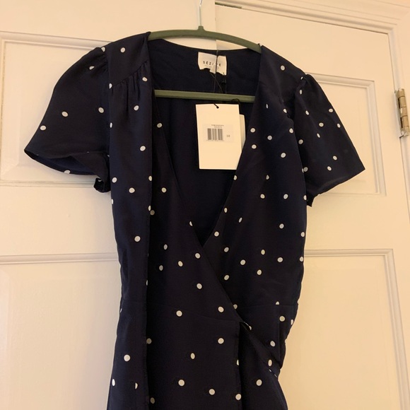 Sezane Silk Wrap Dress Navy Pea  Mini NWT - Picture 8 of 9